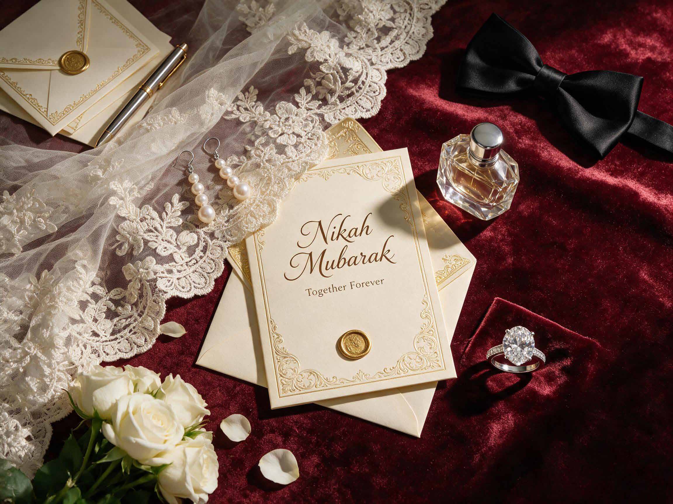 Wedding invitations and lace on burgundy velvet
