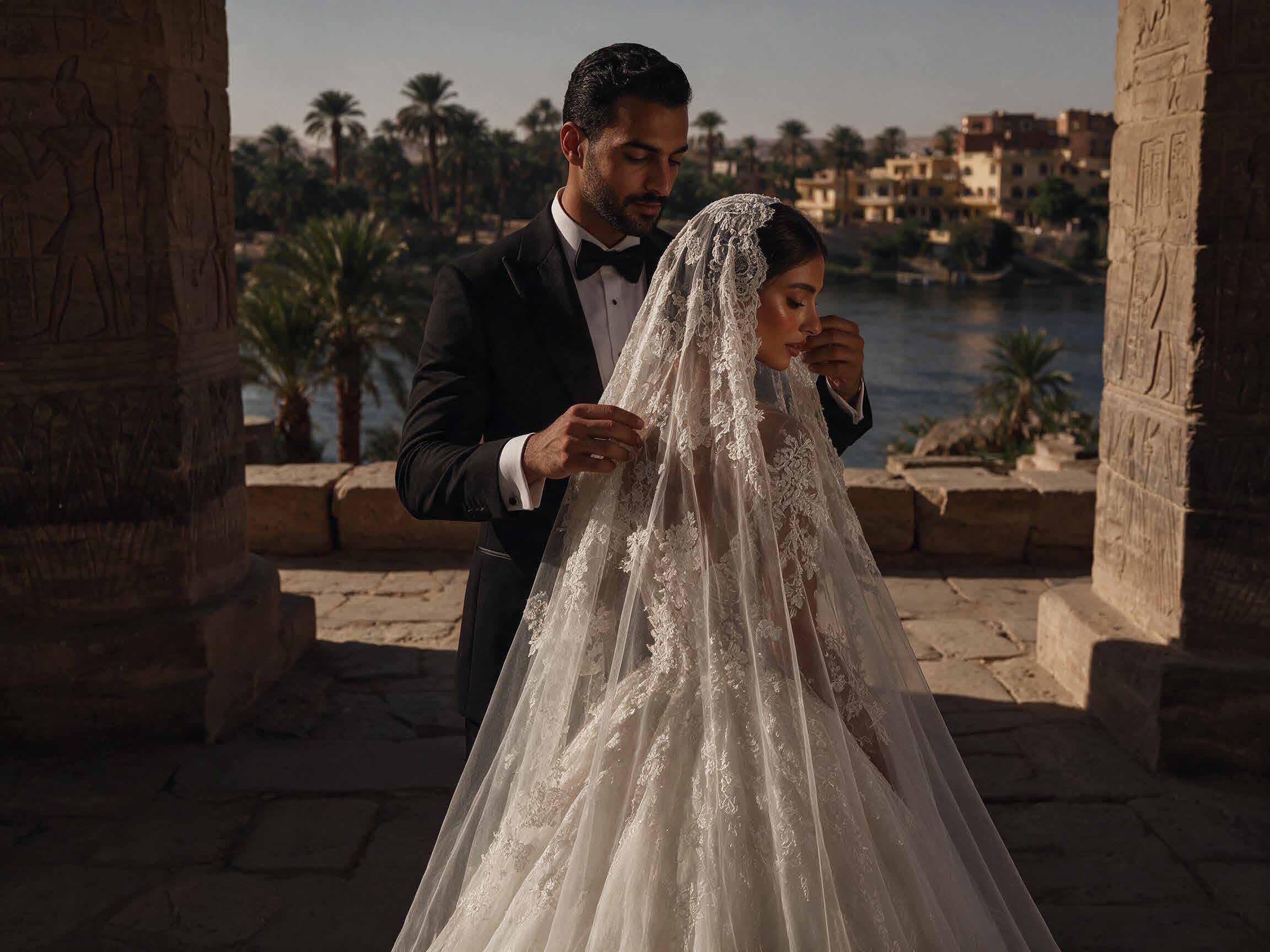 Bride and groom together beside ancient stone columns