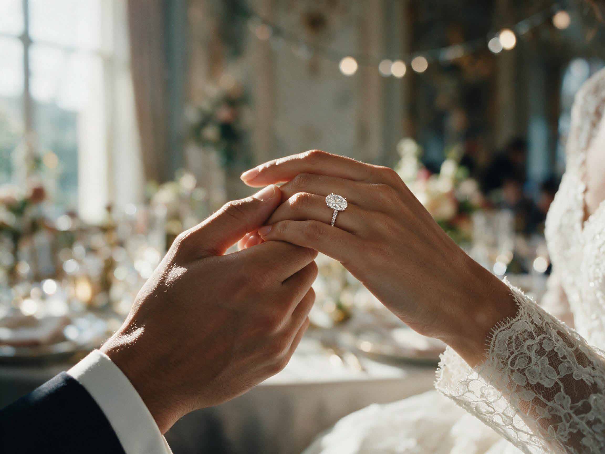 A wedding ring and hands in natural light